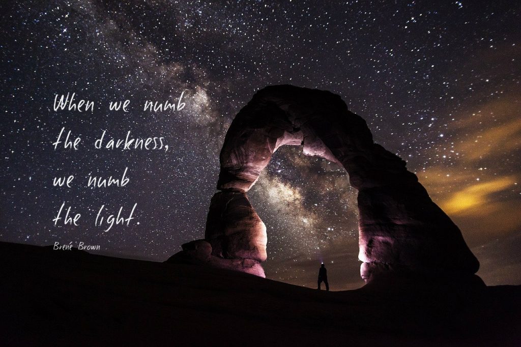 When we numb the darkness, we numb the light. Quote by Brene Brown.  Pic of starry sky with beautiful arch.