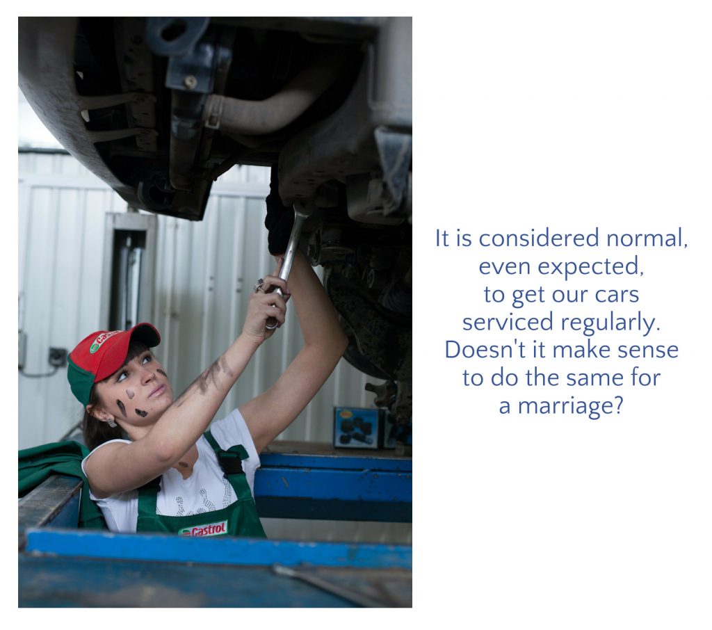 Picture of a woman fixing a vehicle with quote: "It is considered normal, even expected, to get our cars serviced regularly. Doesn't it make sense to do the same thing for our marriage?" On blog featuring a marriage checkup program.