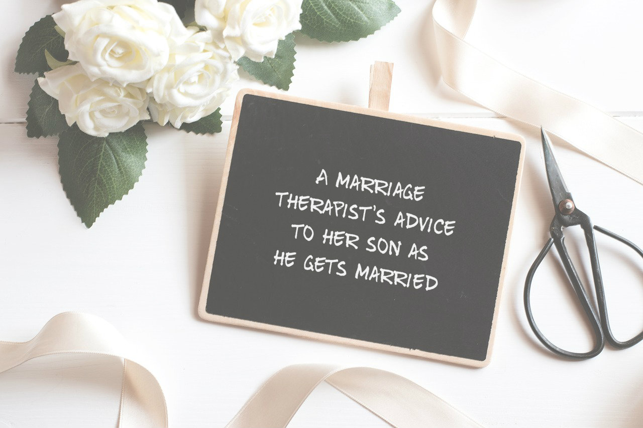 A marriage therapist gives her son some tips as he gets married to his bride