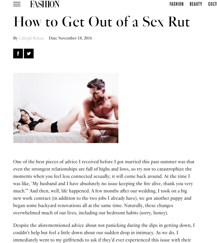 Sarah Murray featured in Fashion magazine .com to educate people about coouples in a sex rut 