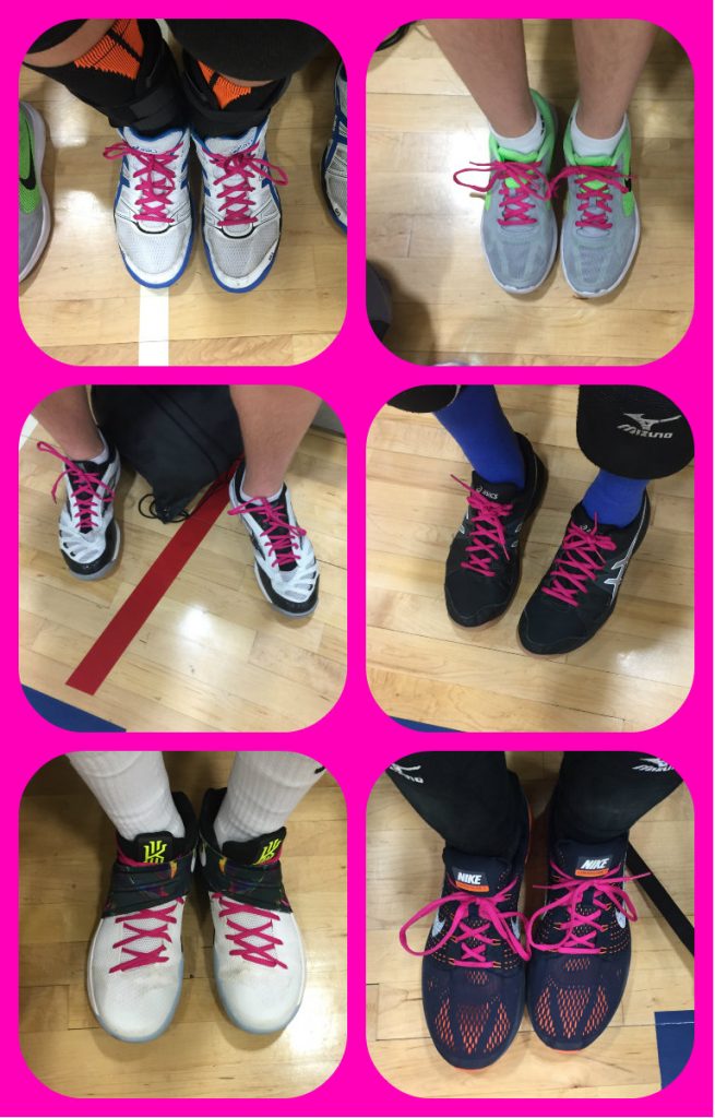 Pink shoelaces from fellow members of JTM's volleyball team to honour the memory of his mother.