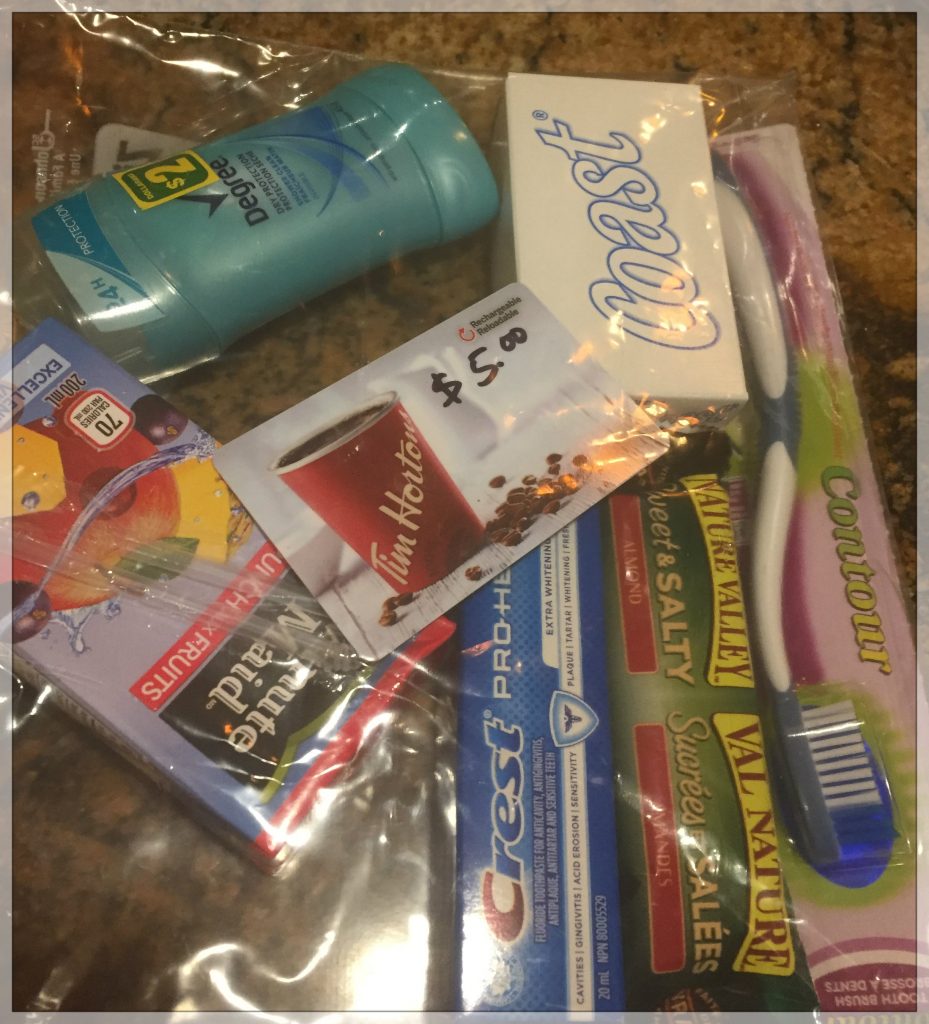 Sample bag of items in bag for folks who are panhandling. Used for storyfull gifts blog about generosity for Conexus Counselling