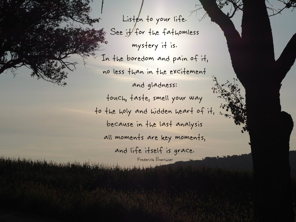 Listen to your life. See it for the fathomless mystery it is. In the boredom and pain of it, no less than in the excitement and gladness: touch, taste, smell your way to the holy and hidden heart of it, because in the last analysis all moments are key moments, and life itself is grace. Frederick Buechner quote. On ConexusCounselling.ca blog