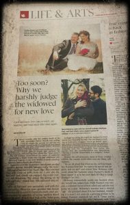 Picture of globe and mail article featuring Carolyn Klassen and her husband because they married 13 months after his wife died.