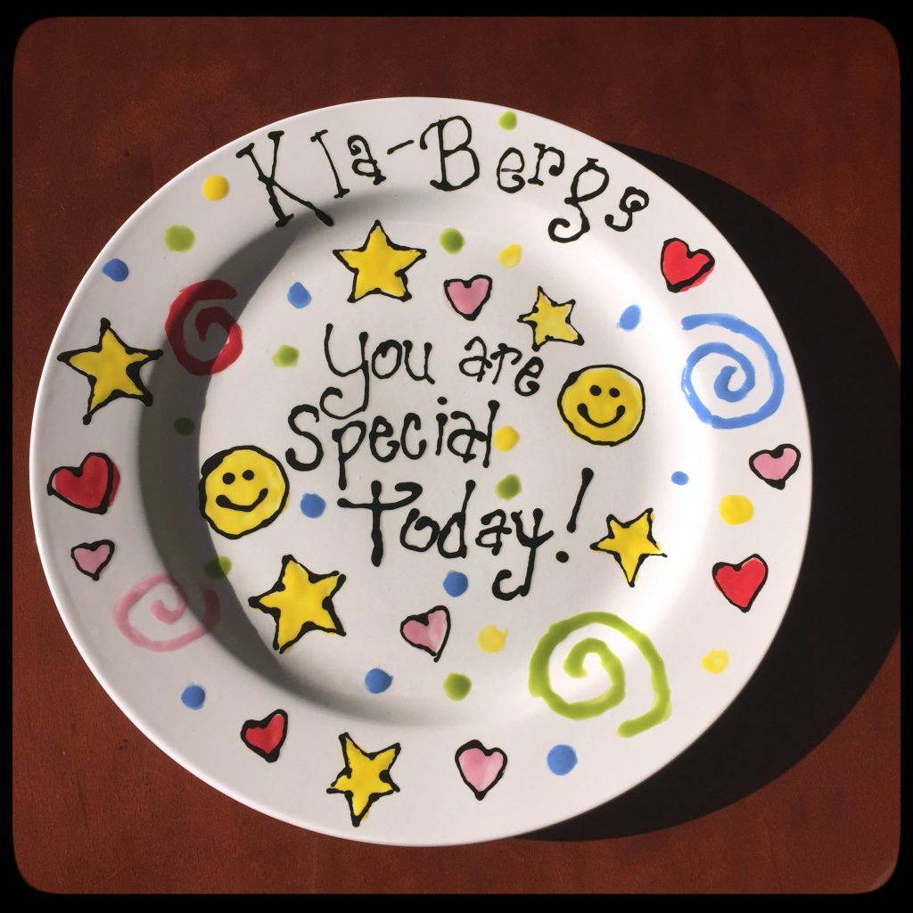 Our new special plate: The Kla-Berg plate, painted by Carolyn Klassen for our family