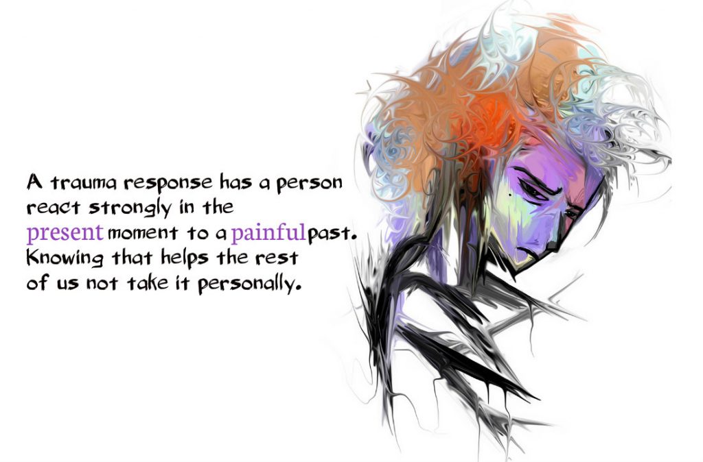 A trauma response has a person react strongly in the present moment to a painful past. Knowing that helps the rest of us not take it personally. On blog about trauma and bird feeders.