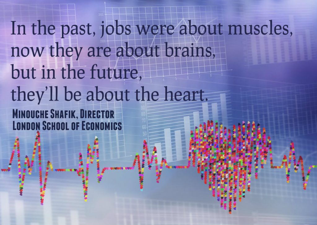 In the past, jobs were about muscles, now they are about brains, but in the future, they’ll be about the heart. Manouche Shapik, Director, London SChool of Economics