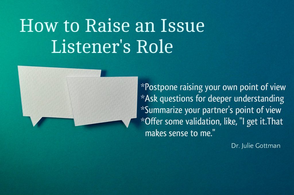 How to raise an issue: Listener's role to postpone your own point of view, ask questions for deeper understanding, summarize and validate. On blog about world peace. Info from Julie Gottman