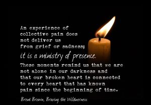 Brené Brown quote: An experience of collective pain does not deliver us from grief or sadness; it is a ministry of presence. On memorial service text