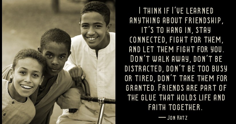 Jon Katz quote about friendship: hang in, stay connected, fight for them. Don't walk away don't be distracted