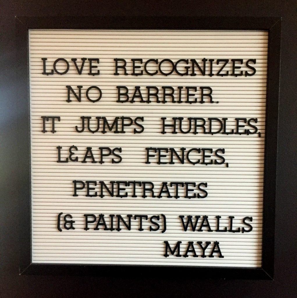 Love recognizes no barrier, It jumps hurdles, leaps fences penetrates (and paints) walls Maya Angelou