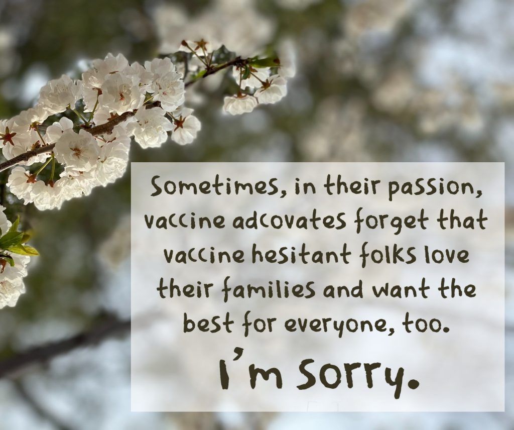 sometimes, vaccine advocates, in their passion can forget that vaccine hesitant folks love their families and want the best for everyone too. On background of flowering tree on article about vaccine hesitancy