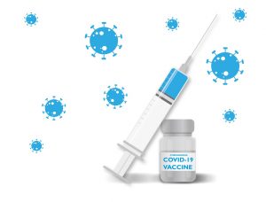 Covid Vaccine bottle and needle cartoon with COVID-19 virus cartoons around. On article about being vaccine hesitant